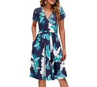 OUGES Sommer Womens Mutterschaft Kleider V-Ausschnitt Midi Sundress Krankenpflege Kleid Casual Floral Stillen Kleid mit Taschen -L