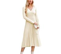 OUGES Strickkleid Damen Herbst Midi Plissee Winterkleider Pulloverkleid | Elegant Langarm Umstandskleider,Herbst/Winter Kleider Damen,V-Ausschnitt Casual Wickelkleid