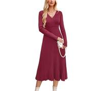 OUGES Strickkleid Damen Herbst Midi Plissee Winterkleider Pulloverkleid | Elegant Langarm Umstandskleider,Herbst/Winter Kleider Damen,V-Ausschnitt Casual Wickelkleid