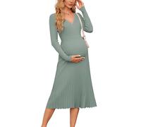 OUGES Strickkleid Damen Herbst Midi Plissee Winterkleider Pulloverkleid | Elegant Langarm Umstandskleider,Herbst/Winter Kleider Damen,V-Ausschnitt Casual Wickelkleid