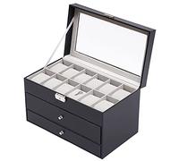 OUKANING Schmuckbox, Drei Schichten, Sicherheitsschloss Mit Schlüssel, Uhrenbox Schwarz, 33.7x19.4x20.5cm, Brillenetui, Schmuckschatulle, Geschenk