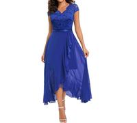 OULIWANGLUO Damen Crew/V Ausschnitt Spitze Lange Abendkleid Chiffon Elegant Hochzeit Cocktailkleid Hochzeitsgäste Partykleid Maxi Kleider (Blau7,L)