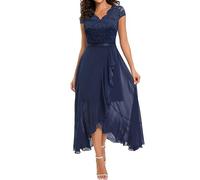OULIWANGLUO Damen Crew/V Ausschnitt Spitze Lange Abendkleid Chiffon Elegant Hochzeit Cocktailkleid Hochzeitsgäste Partykleid Maxi Kleider (Purpurblau7,M)