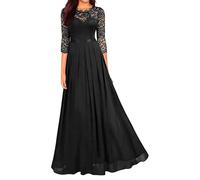 OULIWANGLUO Damen Crew/V Ausschnitt Spitze Lange Abendkleid Chiffon Elegant Hochzeit Cocktailkleid Hochzeitsgäste Partykleid Maxi Kleider (Schwarz4,L)