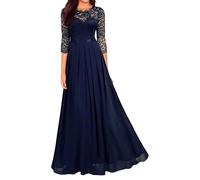 OULIWANGLUO Damen Crew/V Ausschnitt Spitze Lange Abendkleid Chiffon Elegant Hochzeit Cocktailkleid Hochzeitsgäste Partykleid Maxi Kleider (Dunkelblau4,S)