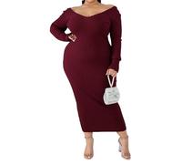 OULIWANGLUO Damen Geripptes Oversize Strickkleid Einfarbige Lockere Lässige Pulloverkleid Langarm Herbst Winter Langekleid (Rotwein,5XL)