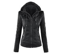 OULIWANGLUO Damen Kurze Leichte Sexy Lederjacke Slim Kunstlederjacke mit Kapuzen Frühling Herbst Casual Bikerjacke (Schwarz,3XL)
