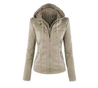 OULIWANGLUO Damen Kurze Leichte Sexy Lederjacke Slim Kunstlederjacke mit Kapuzen Frühling Herbst Casual Bikerjacke (Grau Weiß,XL)