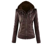 OULIWANGLUO Damen Kurze Leichte Sexy Lederjacke Slim Kunstlederjacke mit Kapuzen Frühling Herbst Casual Bikerjacke (Dark Braun,XS)