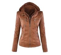 OULIWANGLUO Damen Kurze Leichte Sexy Lederjacke Slim Kunstlederjacke mit Kapuzen Frühling Herbst Casual Bikerjacke (Braun,7XL)