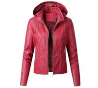 OULIWANGLUO Damen Lederjacke mit Kapuzen dick Bequeme Atmungsaktiv Kunstlederjacke Slim Bikerjacke für Herbst und Winter (Rot,XXL)