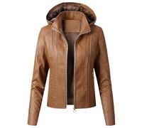 OULIWANGLUO Damen Lederjacke mit Kapuzen dick Bequeme Atmungsaktiv Kunstlederjacke Slim Bikerjacke für Herbst und Winter (Braun,XXL)