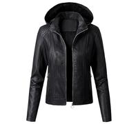 OULIWANGLUO Damen Lederjacke mit Kapuzen dick Bequeme Atmungsaktiv Kunstlederjacke Slim Bikerjacke für Herbst und Winter (Schwarz,M)