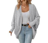 OULIWANGLUO Damen Leichte Fledermausärmel Strickjacke Mid Lang Cardigan mit Taschen Casual Lockere Strickpullover für Herbst (Grau,XL)