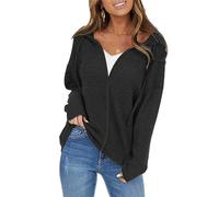 OULIWANGLUO Damen Leichte Reißverschluss Strickjacke Strick Langarm Cardigan mit Kapuze Casual Lockere Strickpullover für Herbst (Schwarz,XL)