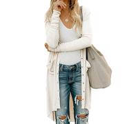OULIWANGLUO Damen Leichte Taschen Strickjacke Lange Strick Langarm Cardigan mit Knöpfen Casual Lockere Strickpullover für Herbst (Cremeweiß,XL)