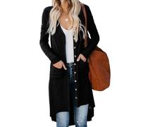 OULIWANGLUO Damen Leichte Taschen Strickjacke Lange Strick Langarm Cardigan mit Knöpfen Casual Lockere Strickpullover für Herbst (Schwarz,XL)