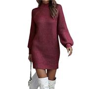OULIWANGLUO Damen Strickkleid mit Geripptes Rollkragen Wrapped Einfarbige Slim Pulloverkleid Langarm Lässige Midlangkleid für Herbst Winter (Rot,M)