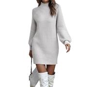 OULIWANGLUO Damen Strickkleid mit Geripptes Rollkragen Wrapped Einfarbige Slim Pulloverkleid Langarm Lässige Midlangkleid für Herbst Winter (Weiß,M)