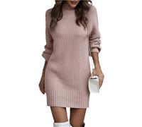 OULIWANGLUO Damen Strickkleid mit Geripptes Rollkragen Wrapped Einfarbige Slim Pulloverkleid Langarm Lässige Midlangkleid für Herbst Winter (Rosa,XL)