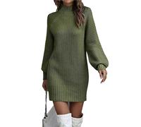 OULIWANGLUO Damen Strickkleid mit Geripptes Rollkragen Wrapped Einfarbige Slim Pulloverkleid Langarm Lässige Midlangkleid für Herbst Winter (Grün,M)