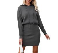 OULIWANGLUO Damen Strickkleid mit Kapuzen Slim Wrapped Einfarbige Lässige Pulloverkleid Slim Langarm Herbst Winter Kurzekleid (Dunkelgrau,M)