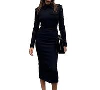OULIWANGLUO Damen Strickkleid mit Wrapped Reverskragen Geripptes Slim Elegant Pulloverkleid Langarm Lässige Langekleid für Herbst Winter (Schwarz,M)