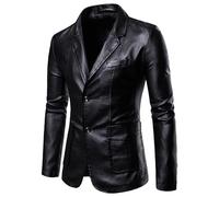 OULIWANGLUO Herren Slim Fit Ledermantel Einfarbig Elegant Anzug Lederjacke Leather Jacket Windbreaker für Herbst Winter (Schwarz,XL)