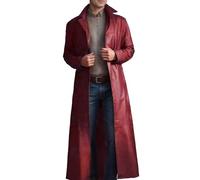 OULIWANGLUO Ledermantel Herren Lang Leder Trenchcoat Slim Fit Revers Lederjacke Einfarbig Long Leather Jacket Windbreaker (Rotwein,4XL)