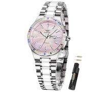 OUPINKE Automatikuhren für Damen, Diamanten, luxuriös, selbstaufziehend, Edelstahl, Saphirglas, Keramik, Damenuhren, L3283: Weiß und Rosa