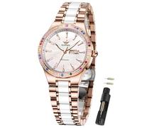 OUPINKE Automatikuhren für Damen, Diamanten, luxuriös, selbstaufziehend, Edelstahl, Saphirglas, Keramik, Damen-Armbanduhren, L3283: Rotgold und Weiß