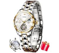 OUPINKE Damen-Automatikuhr, luxuriös, Diamant-Schwungrad, zweifarbig, Edelstahl, Wolframstahlband, Mondphase, 24 Stunden, 3202: Zweifarbiges Band und weißes Zifferblatt, Classic