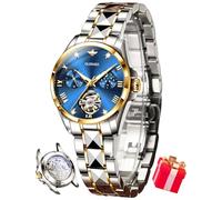 OUPINKE Damen-Automatikuhr, luxuriös, Diamant-Schwungrad, zweifarbig, Edelstahl, Wolframstahlband, Mondphase, 24 Stunden, 3202: Zweifarbiges Band und blaues Zifferblatt, Classic