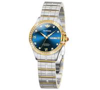 OUPINKE Damen-Automatikuhr, luxuriös, Diamant-Schwungrad, zweifarbig, Edelstahl, Wolframstahlband, Mondphase, 24 Stunden, L3195: Zweifarbiges Band und blaues Zifferblatt, Luxuriöses Geschenk, Business
