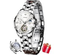 OUPINKE Damen-Automatikuhr, luxuriös, Diamant-Schwungrad, zweifarbig, Edelstahl, Wolframstahlband, Mondphase, 24 Stunden, 3202: Silbernes Band und weißes Zifferblatt, Classic