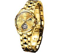 OUPINKE Damen-Automatikuhr, luxuriös, Diamant-Schwungrad, zweifarbig, Edelstahl, Wolframstahlband, Mondphase, 24 Stunden, 3202: Goldfarbenes Band und goldenes Zifferblatt, Classic