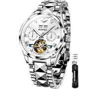 OUPINKE Goldene automatische mechanische Armbanduhr, luxuriöses Kleid, Wolframstahl, leuchtend, wasserdicht, Saphir, Diamant, Kalender, beste Geschenke für Herren, Komplett silber3186, Mechanisch