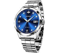OUPINKE Herren-Armbanduhr, automatisches Skelett-Tourbillon, selbstaufziehend, luxuriöses Saphirglas, Business-Armbanduhr, G: Blaues Zifferblatt und silberfarbenes Armband, Mechanisch