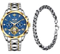 OUPINKE Herren-Automatikuhr, Diamant-Skelett, original, mechanisch, selbstaufziehend, Luxus-Armbanduhr für Herren, G3270G: Zweifarbiges Band und blaues Zifferblatt, Luxuriöses Geschenk, Business