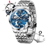 OUPINKE Herren Automatikuhr Selbstaufzug Mechanische Luxus Original Armbanduhr Saphirglas Wolframstahl, G3256: Silbernes Armband und blaues Zifferblatt, Luxuriöses, lässiges, klassisches