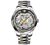 OUPINKE Herren-Automatikuhr, Skelett, luxuriös, elegante Uhr, mechanisch, wasserdicht, Edelstahl, WirstWatch, Saphirglas, Spiegel, 3168: Schwarz-Gold