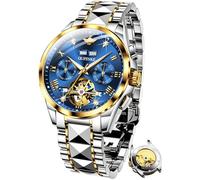 OUPINKE Herren-Automatikuhr, Skelett, mechanisch, Diamant, luxuriös, selbstaufziehend, Saphirglas, Wolframstahl, Business-Geschenke, Blaues Zifferblatt und zweifarbiges Armband, Armband