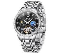 OUPINKE Herren Luxus Uhr Gold Diamant Automatik Mechanisch mit Datum Mondphase Edelstahl Leuchtend Wasserdicht Business Armbanduhr, 6712: schwarz, 6712