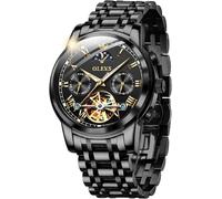 OUPINKE Herrenuhr Automatik Luxus Skelett Mechanik Schwarz Zifferblatt mit Mondphase Tourbillon Tag Datum Wasserdicht Luminous Schwarz Edelstahlarmband