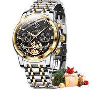 OUPINKE Herrenuhr Automatik Luxus Skelett Mechanik Schwarz Zifferblatt mit Mondphase Tourbillon Tag Datum Wasserdicht Luminous Zweifarbige Edelstahlarmband