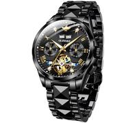 OUPINKE Schweizer Markenuhr für Herren, luxuriös, Skelett, automatisch, mechanische Armbanduhr, selbstaufziehend, Saphirglas, Wolfram, wasserdicht, Schwarzes Armband und schwarzes Zifferblatt, Armband