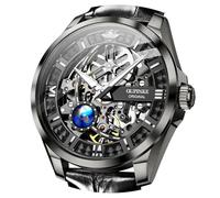 OUPINKE Skelett Herren-Automatikuhren, mechanisch, luxuriös, Leder, selbstaufziehend, wasserdicht, 50 m/5 ATM, leuchtende Uhren für Herren, 3268: Schwarzes Armband und schwarzes Zifferblatt, Modern