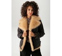 Outdoorjacke ANISTON CASUAL, Gr. 34, schwarz (schwarz, beige), Web, Fellimitat: 100% Polyester. Obermaterial: 56% Polyamid, 44% Polyester. Futter: 100% Polyester, unifarben mit Farbeinsatz, figurumspi