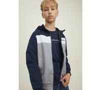 Outdoorjacke JACK & JONES JUNIOR "JJERUSH wasserabweisend, mit Kapuze, mattes Finish", Jungen, Gr. 176, blau (navy blazer), Web, Obermaterial: 100% Polyester, colorblocking, normal normal, Bündchen, J