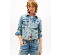 Outdoorjacke TOMMY JEANS "CLASSIC TRUCKER EXT BJ8012", Damen, Gr. S (36), denim light, Web, Obermaterial: 100% Baumwolle, unifarben, figurbetont kurz, V-Ausschnitt, Jacken Outdoorjacke, mit dezentem L
